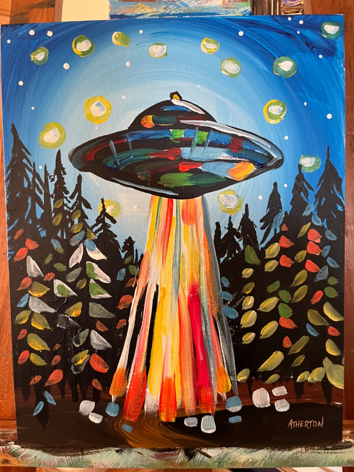Atherton 11×14 Original Alien Abduction Acrylic Painting «UFO Woods» hand signed