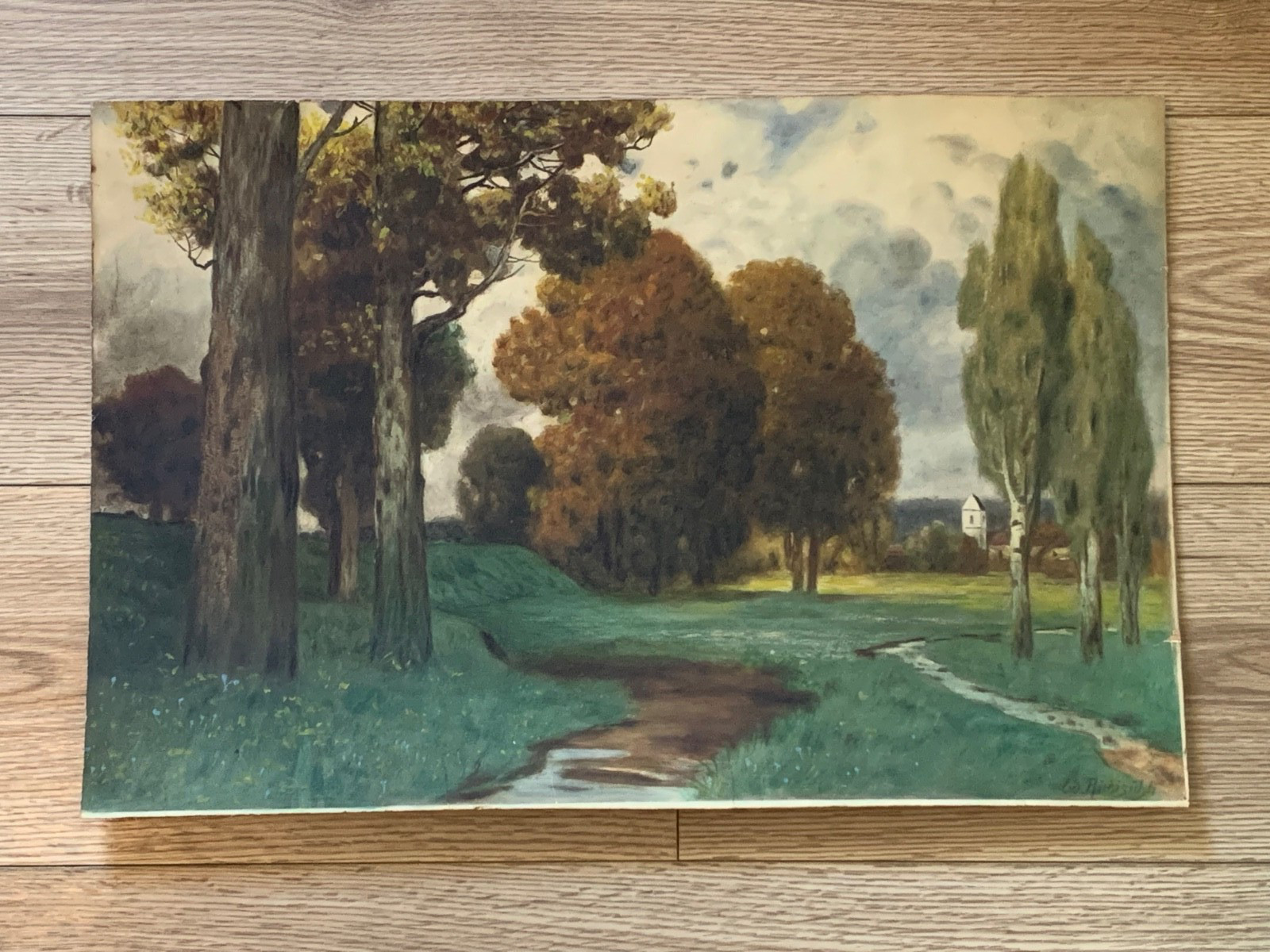 Original Signed Autumn Landscape Painting by Ed Rubisulh Gouache on Board