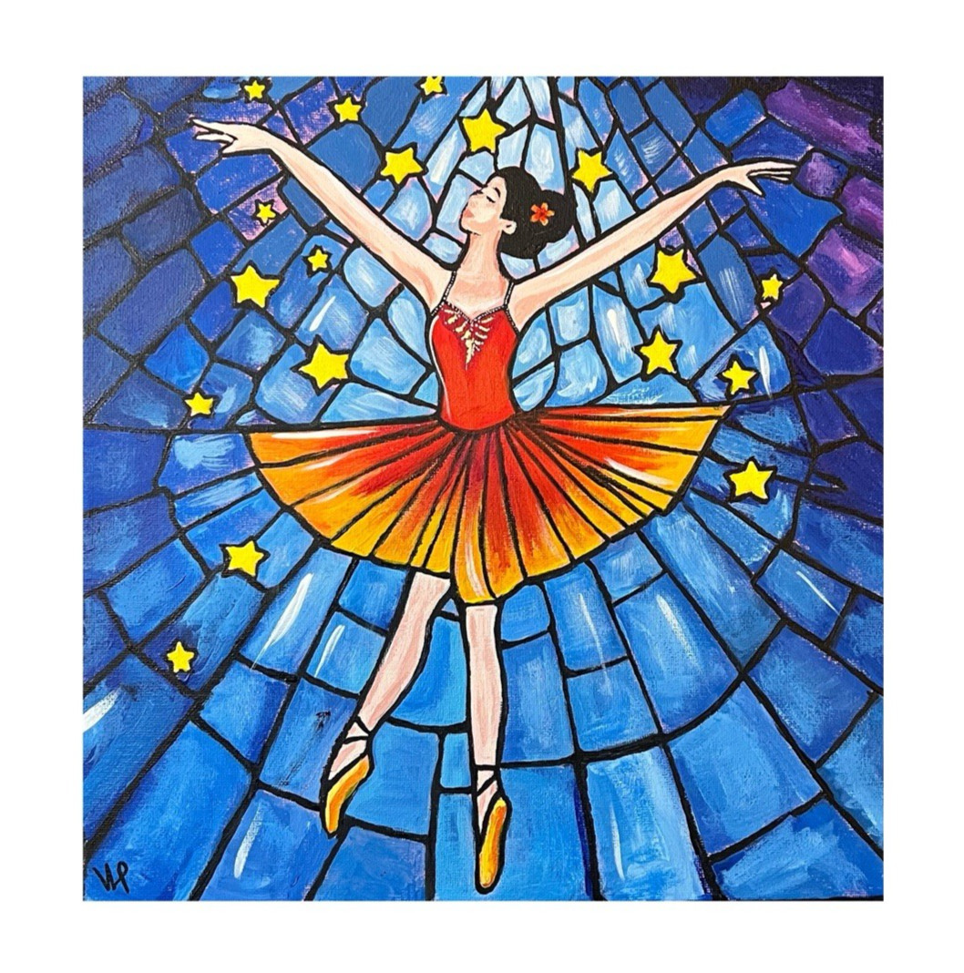 Blue Glass Window Ballerina Expressionist Art Acrylic 12×12” Canvas VLP Original