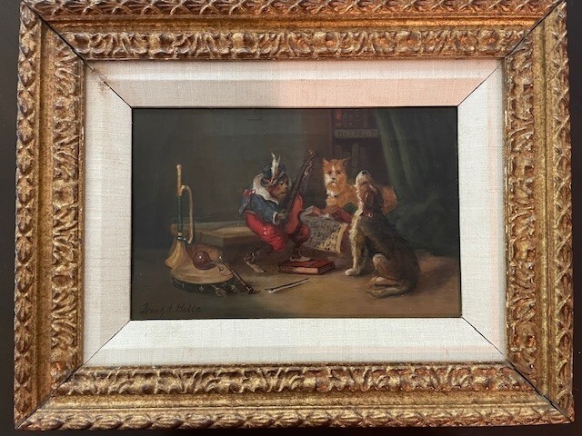 Early Oil Painting Pair, Monkey & Dogs – Animal Antics, Signed