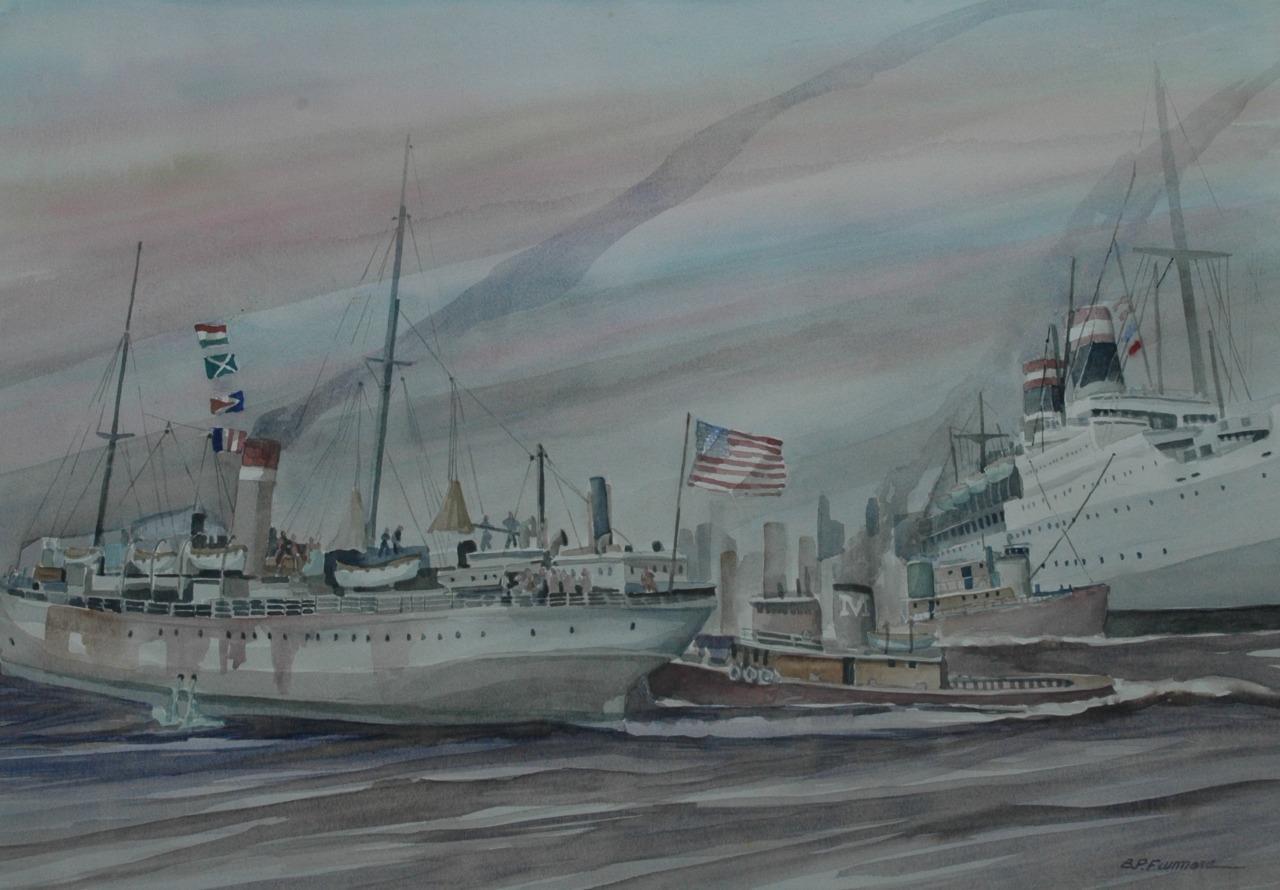 Incredible Vintage Signed Watercolor New York Harbor Maritime Scene Large Ships