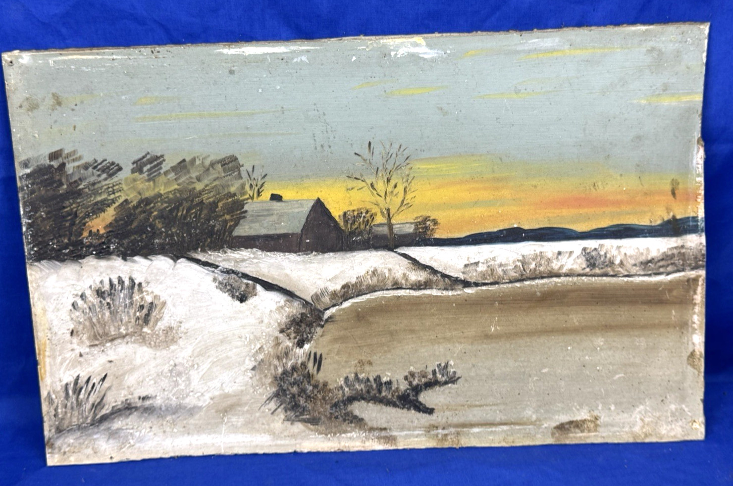 C.1890 Oil on Artist Board, Winter & Coastal Landscape, Mica used for Glitter