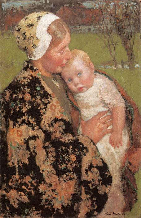 Oil painting portraits young mother with baby Gari-Melchers-Motherhood on canvas