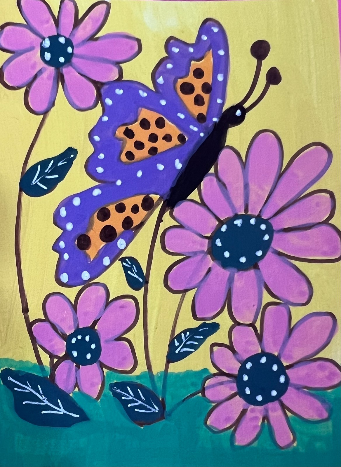 ACEO Art Card, Acrylic Marker, Flower With Butterfly Abstract, Card Stock Paper