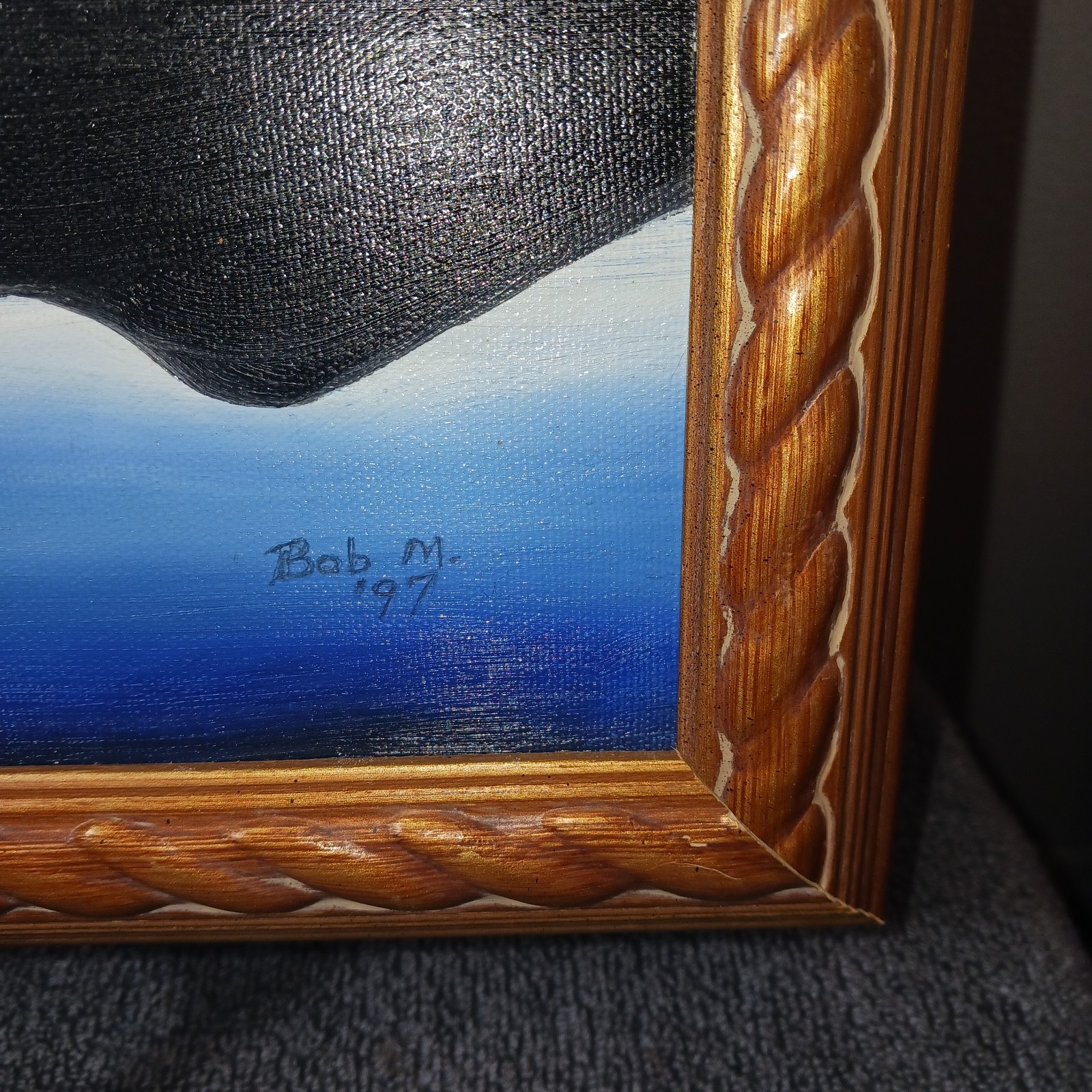 Vintage Artist Signed Painting, Mountain Reflection Lake Fisherman 18 × 14