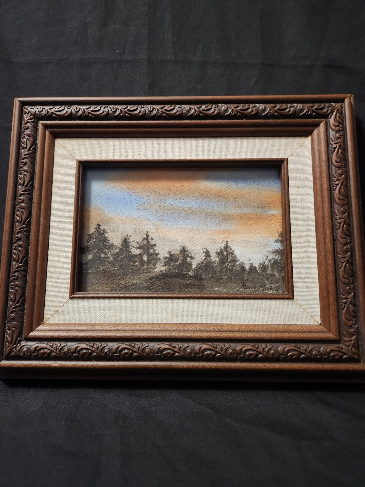 Vintage Wood Frame Watercolor Landscape Forest Signed Mary McGill Evening Sky VT