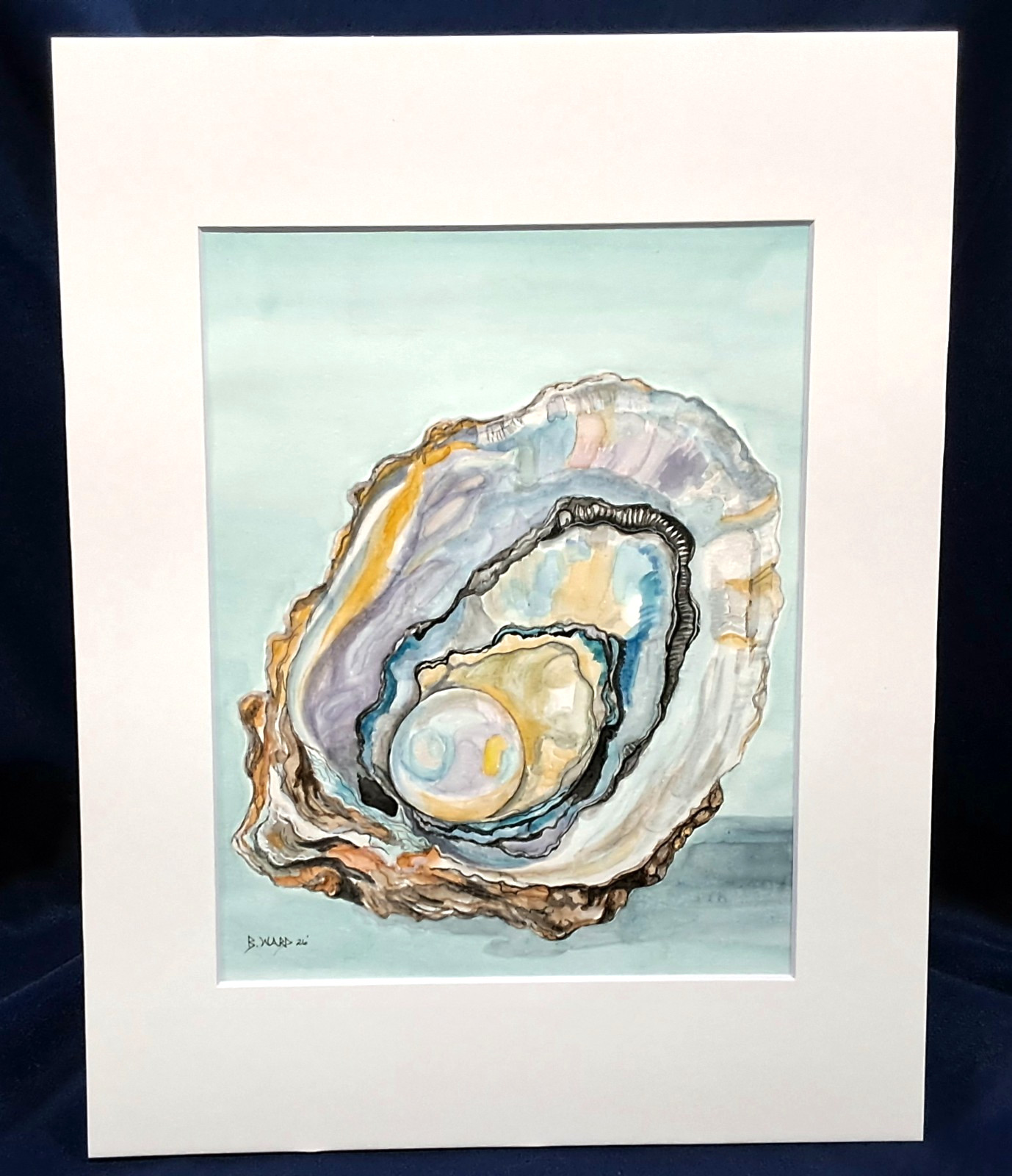 Oyster shell With Pearl Original watercolor 10″ x 8″ in acid free beveled mat
