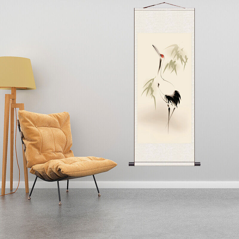 1PC Asian Silk Scroll Painting Crane Feng Shui Wall Hanging Artwork Framed