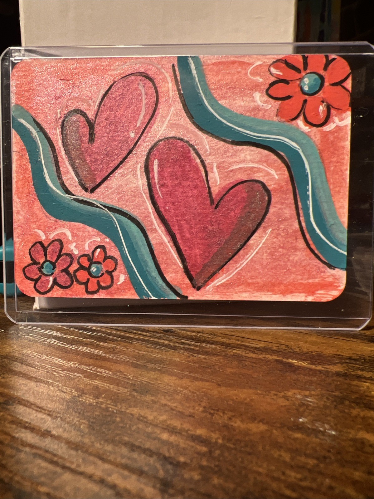 Aceo Art Card Hearts And Flowers