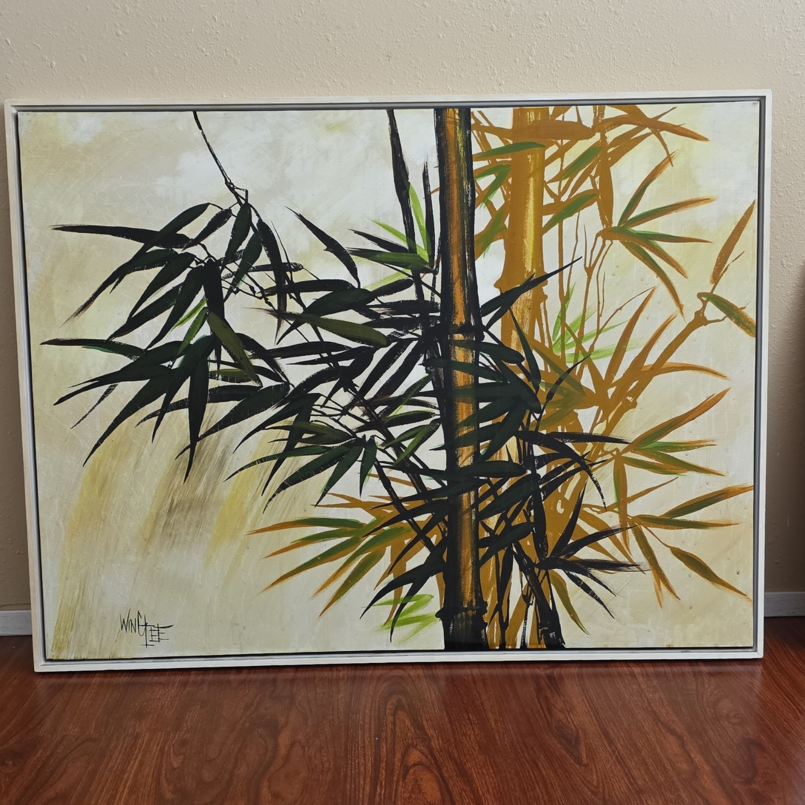 Win Chee Large Modern Bamboo Acrylic Painting on Canvas Framed Signed