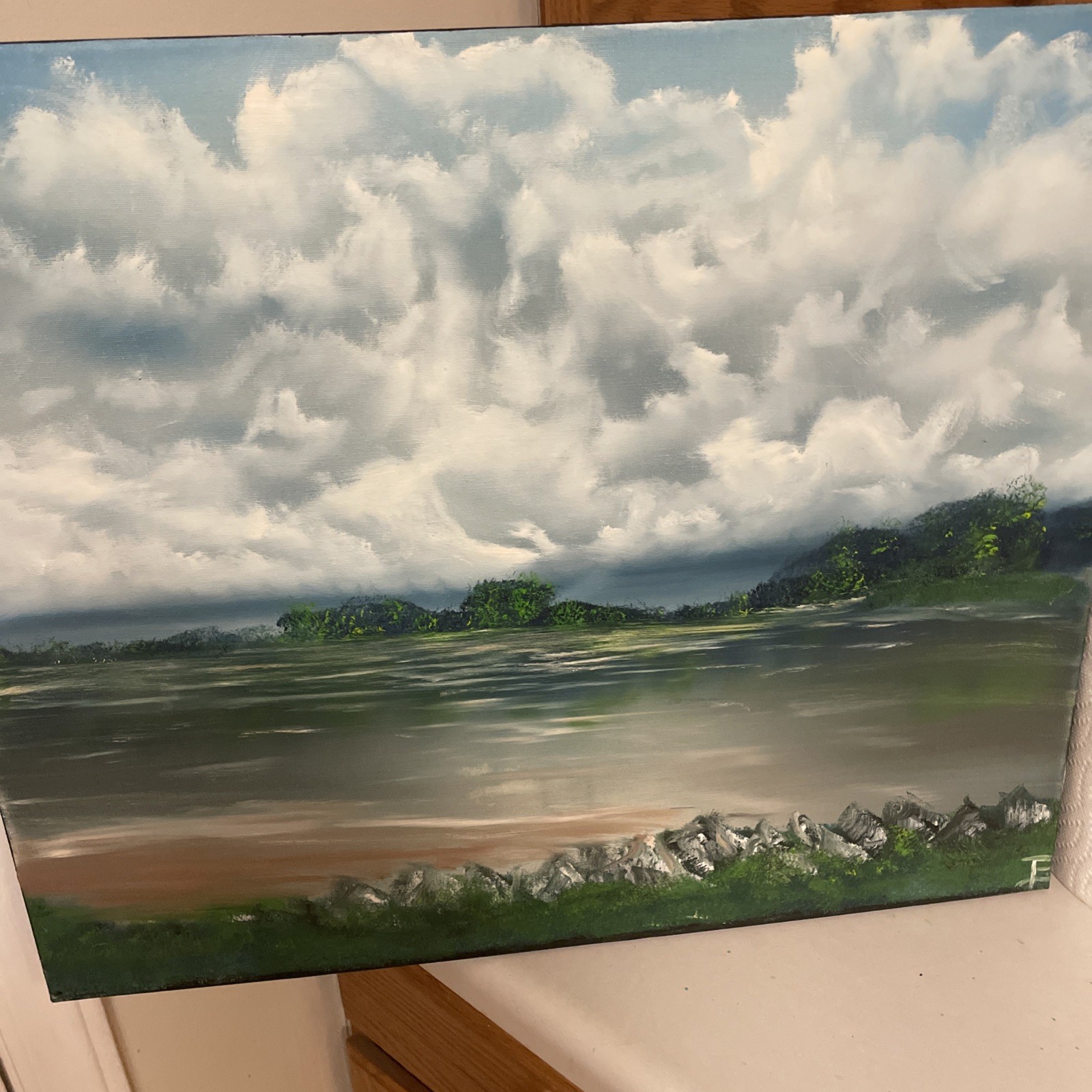 Oil Painting, impressionism, landscape, original, signed, Sky, blue clouds, Land