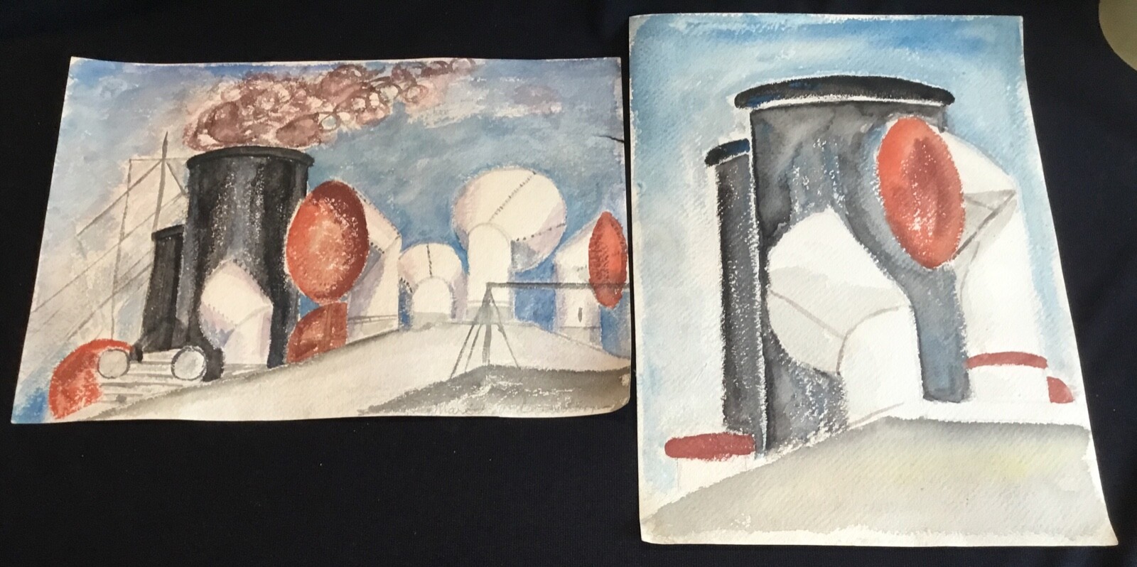 2 Vintage Watercolor Paintings Abstract Expressionist Ocean Liner Boat Signed