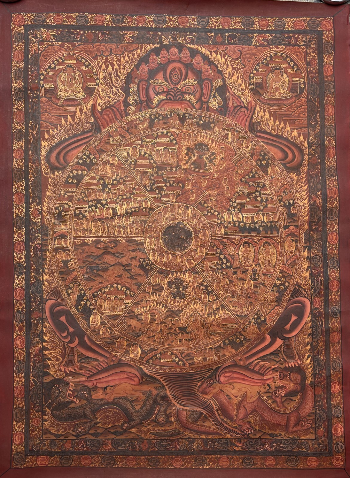 WHEEL OF LIFE RIDUK MANDALA OLD OIL VARNISHED ORIGINAL TIBETAN THANGKA PAINTING