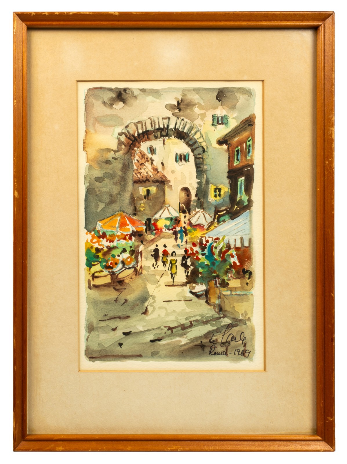 Vintage Italian Watercolor, Roma 1969, Signed Illegibly, Colorful, Framed