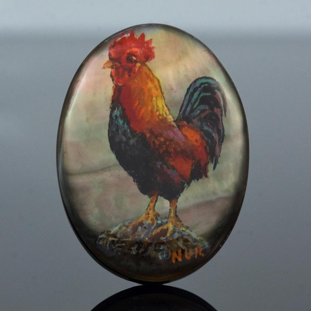 Rooster Original Artisan Painted Mother-of-Pearl Shell Oval Cabochon 35x26mm