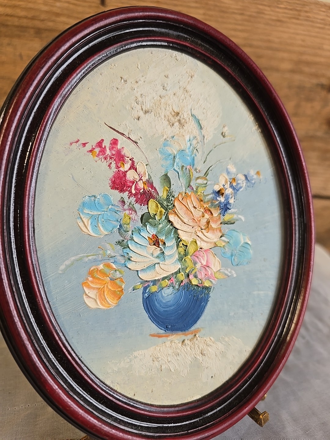 Vintage Red Plastic Framed Textured Still Life Floral Painting