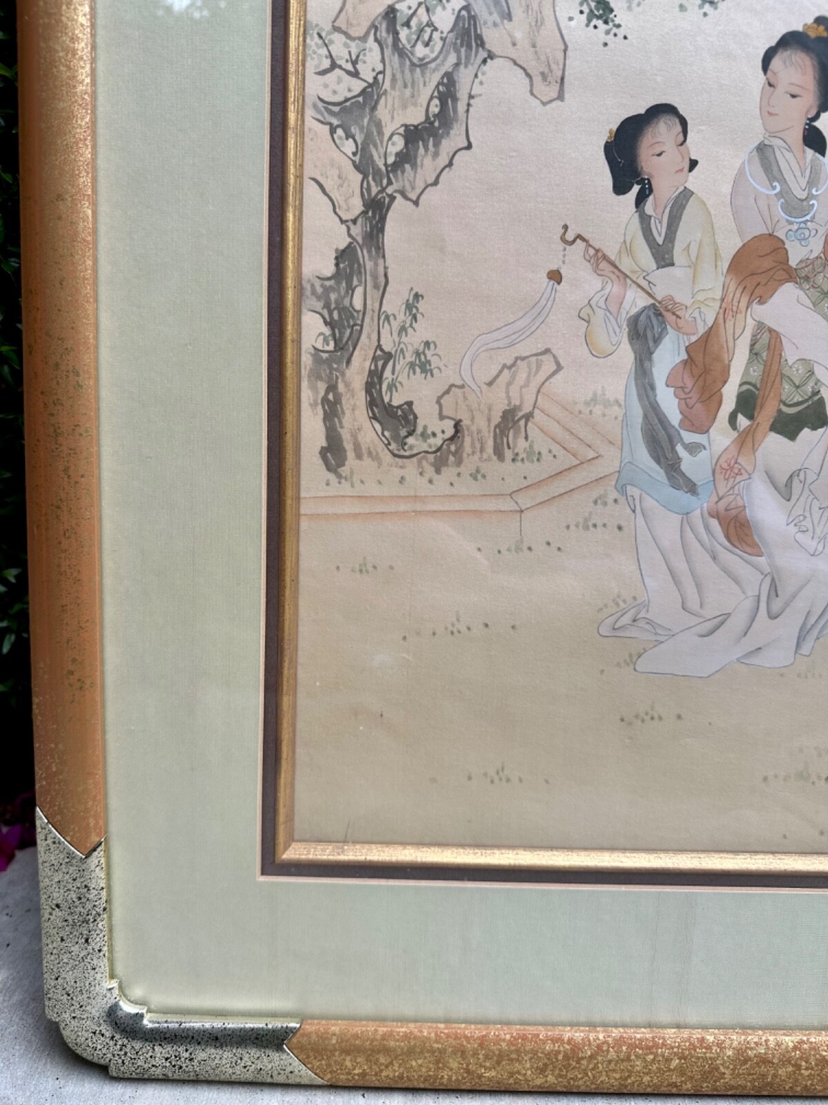 Antique Asian Pair of “Two Women in Garden” Framed Ink & Colors Silk Paintings