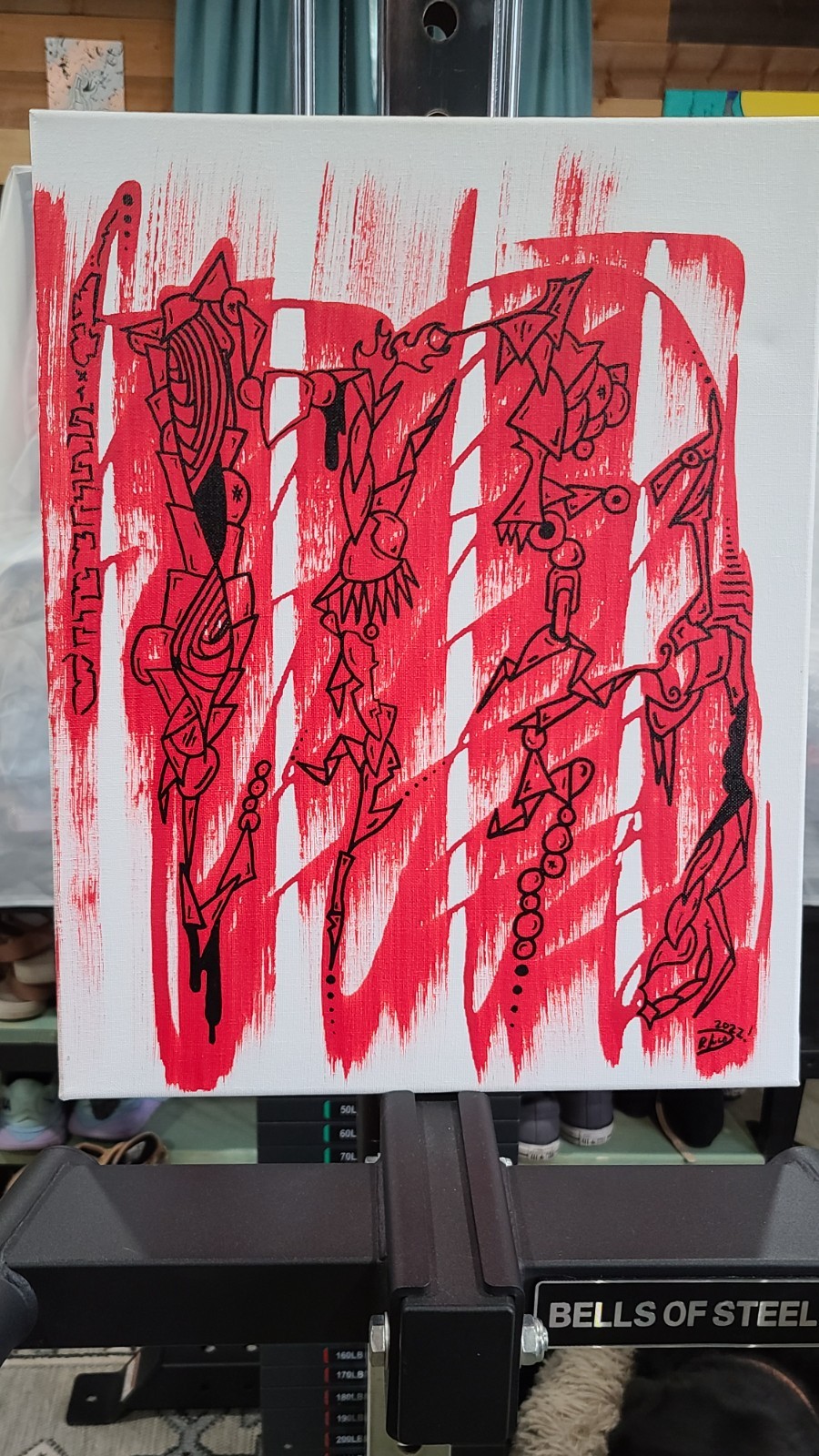 abstract shape design art canvas original red black and white
