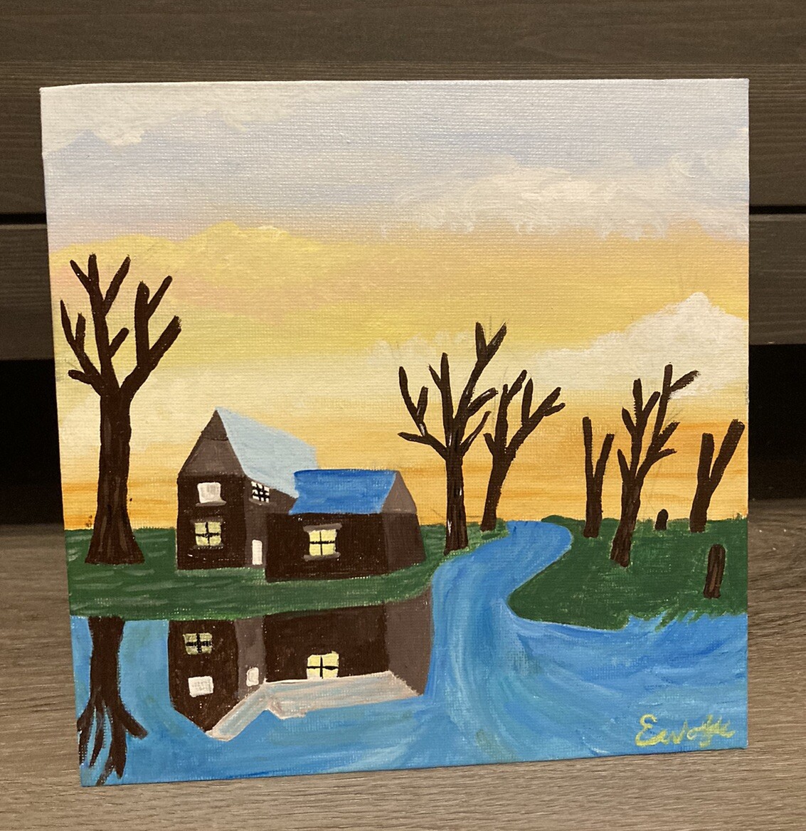 House On The Lake, Original Painting On Canvas Board, 8×8, Fall, Cabin, Sunset