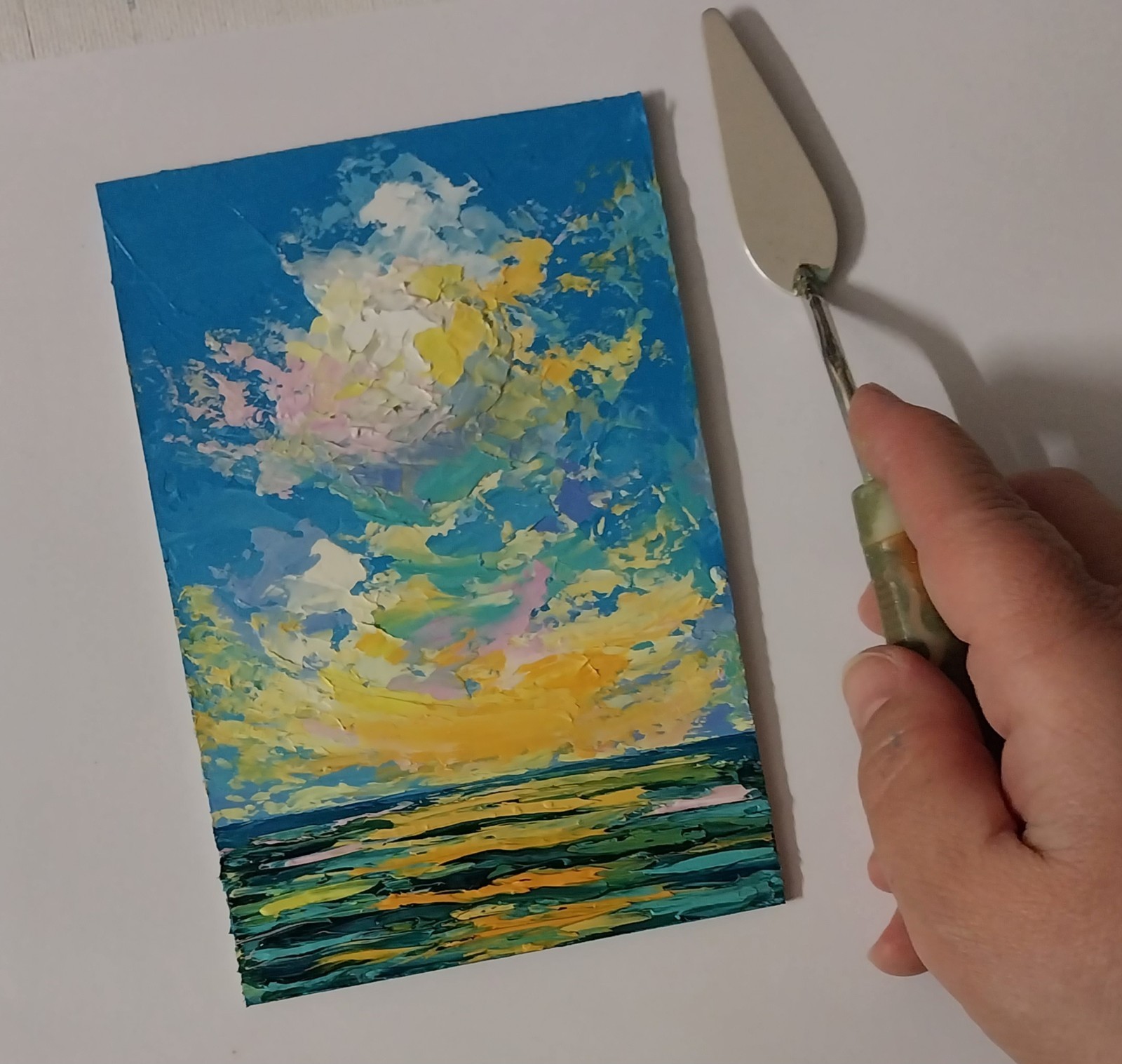 Framed Mini Seascape Golden Sunset Clouds Evening Sea 4×6” Original Oil Painting