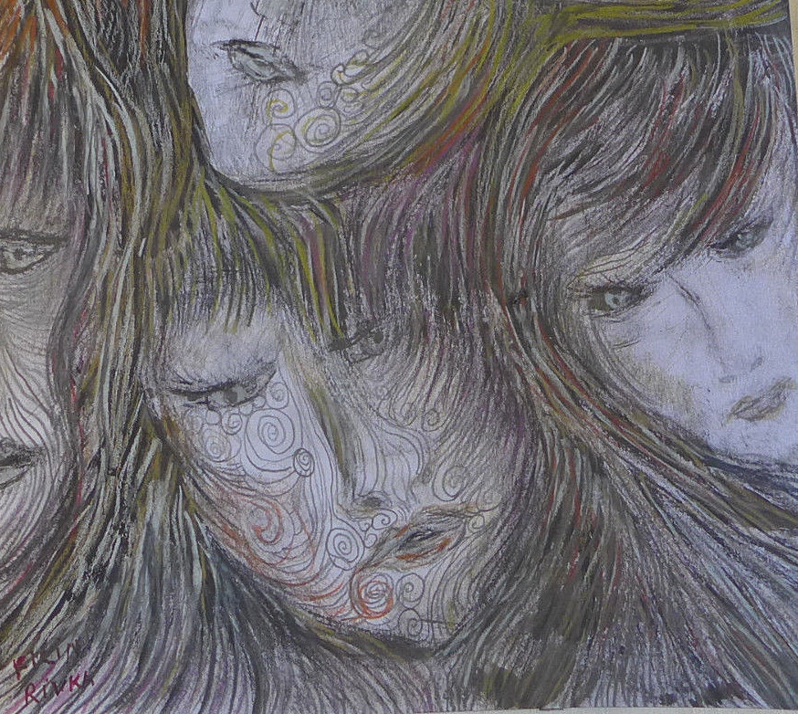 ORIGINAL FEMALE DRAWING 13 X 9 INCH BROWND BLACKS PENCILS BY RIVKA FILIIN