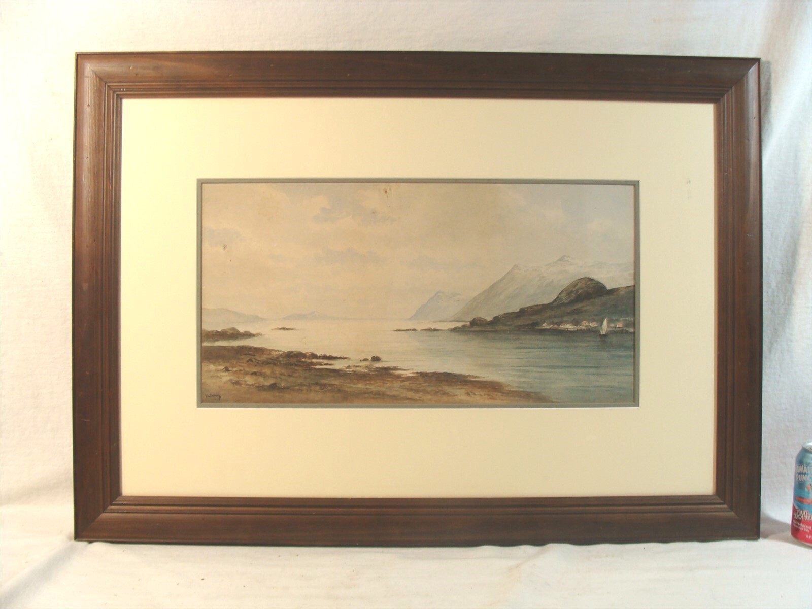 Antique A H Cheney Mountain Lake Sailboat W/C Painting