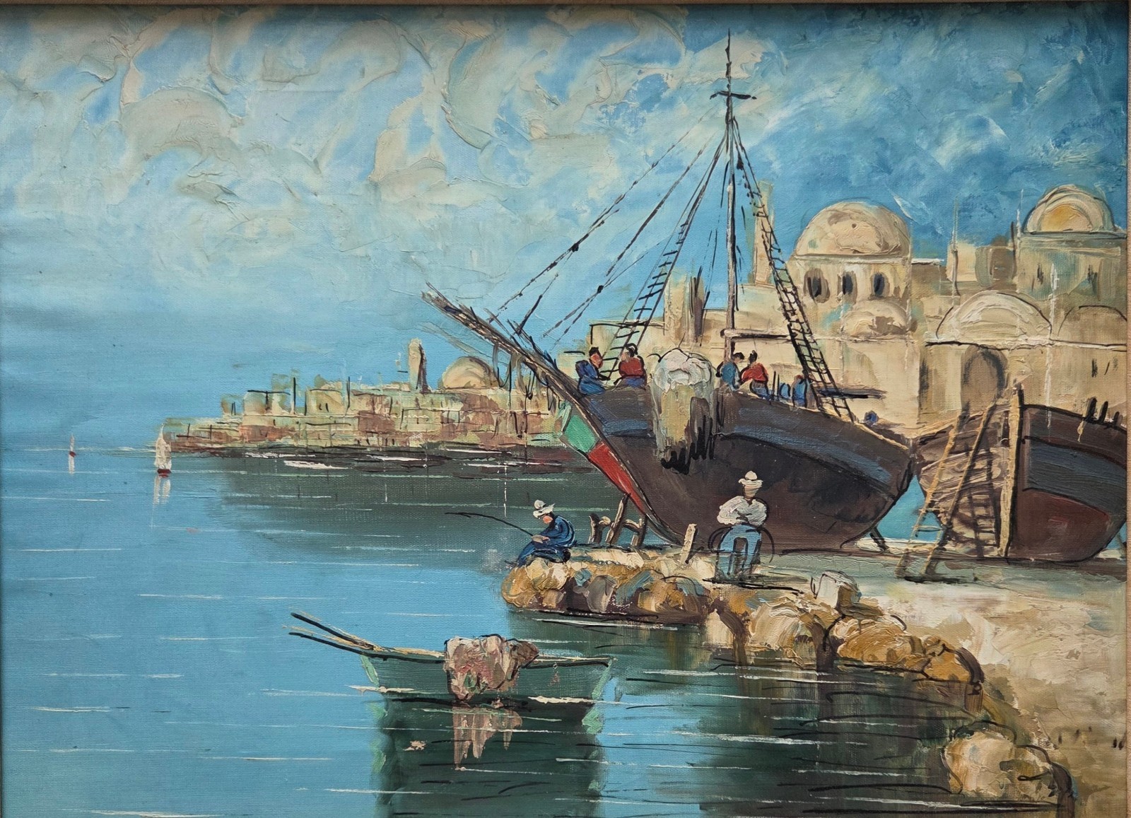 Oil Painting Vintage Original C. 1939 Impressionist Italy Bay Scene Frame16×20in
