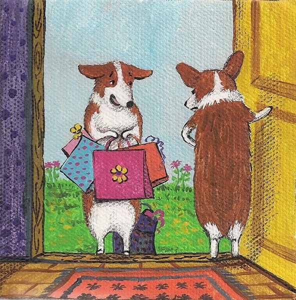 4×4 FOLK ART PRINT OF PAINTING RYTA PEMBROKE WELSH CORGI WHIMSICAL FOLK ART GIFT