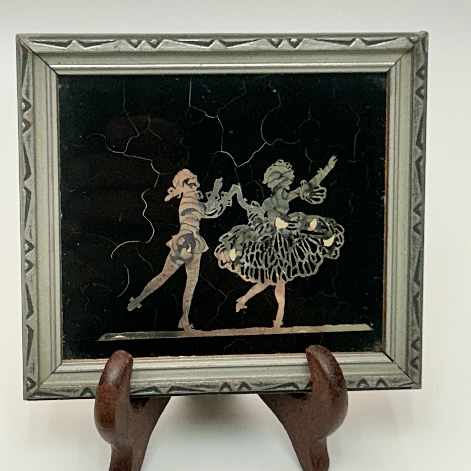 Pair 1930s Reverse Painted Glass Ballet Dancers Silhouette Wood Frame 4½″ VTG