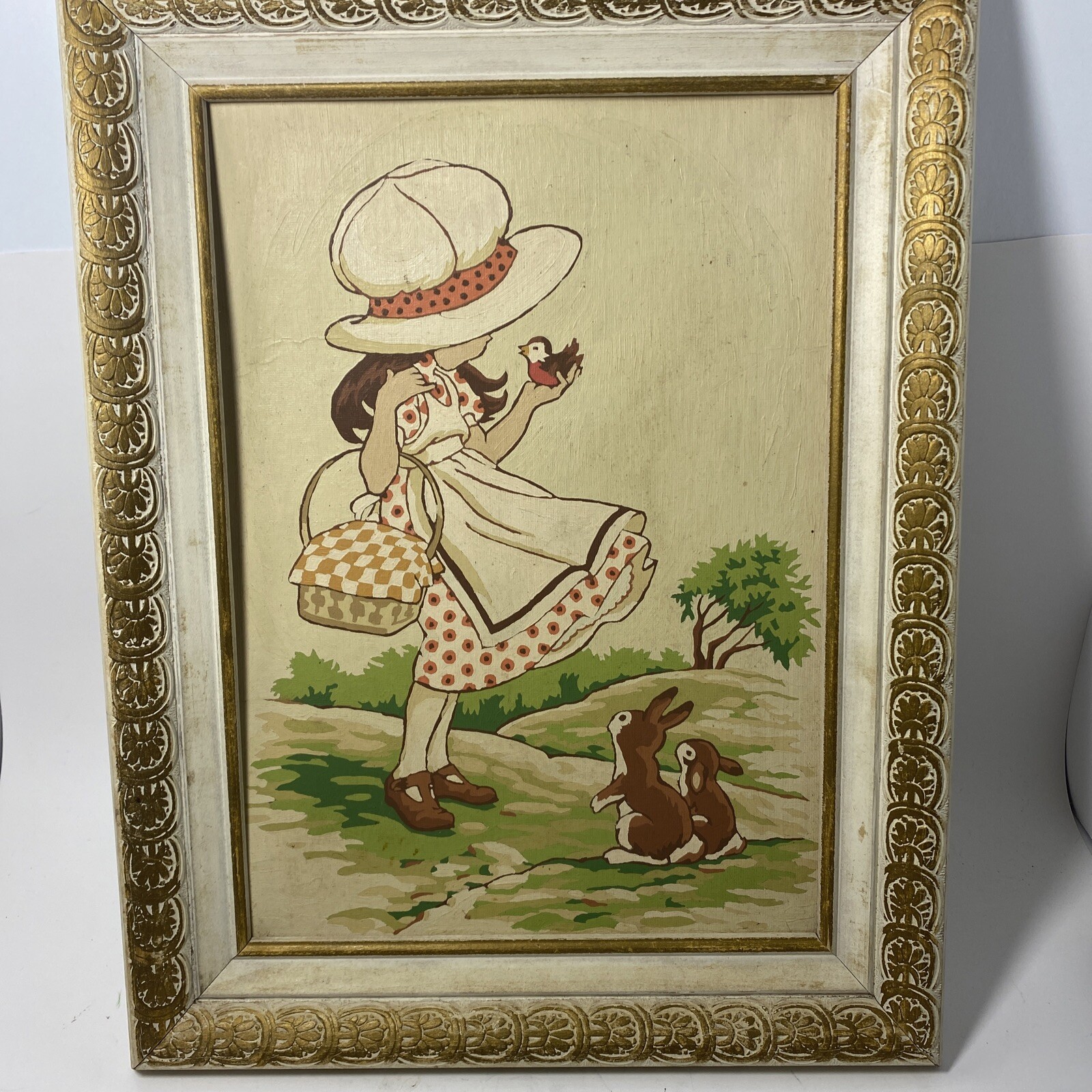 Vintage Paint By Number Little Girl Bird Nice Frame