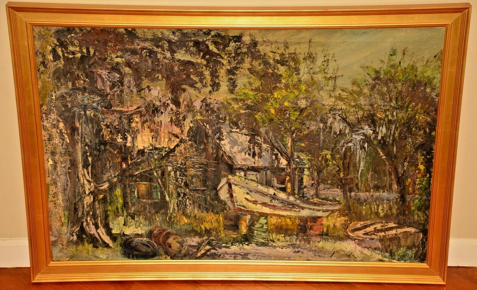 STANLEY SOBOSSEK Original Vintage Signed Boat Lake House Landscape Oil Painting