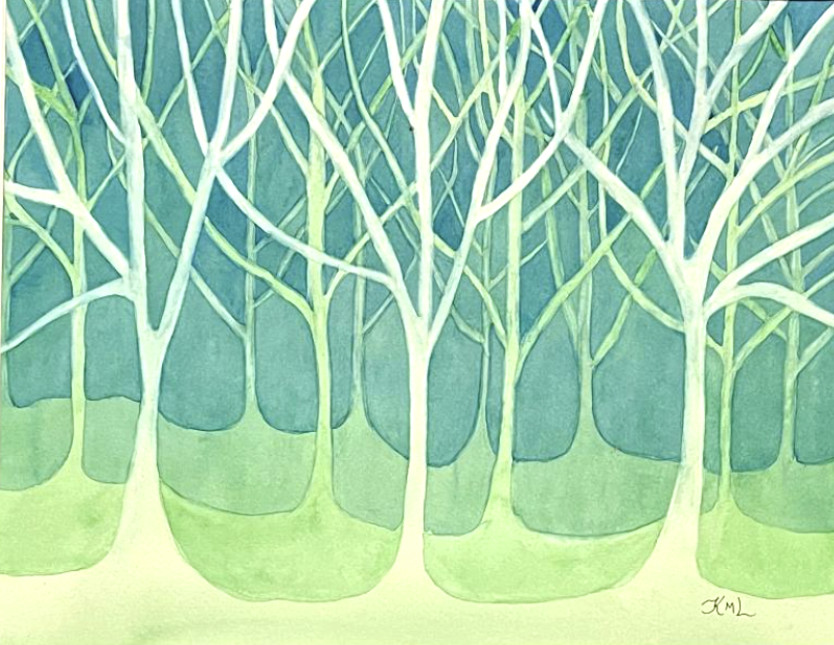 PAINTING WATERCOLOR ORIGINAL ART SPRING TREES BLUE GREEN WHITE 11X14 MAT 16X20