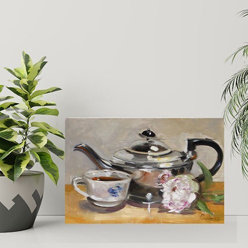 VINTAGE silver teapot and pink flower Oil Painting 8x12in Demenko