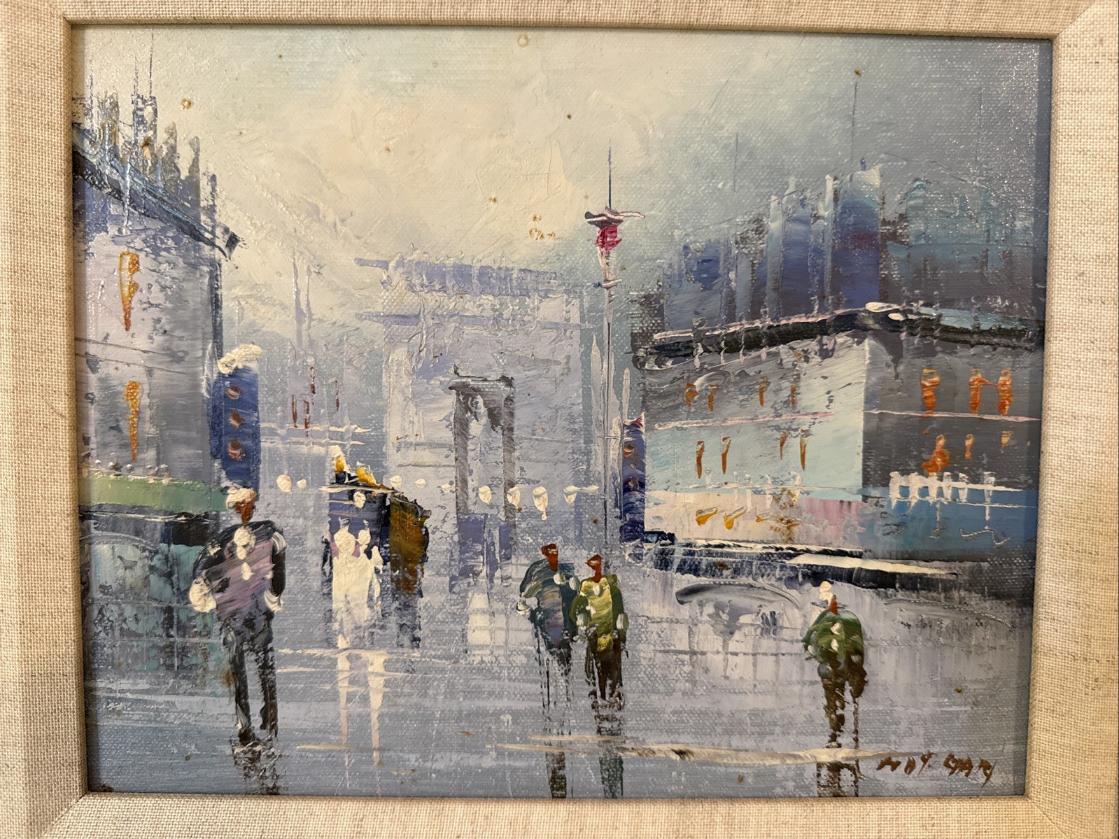 Original Oil Painting Rainy Paris France Impressionist Scene Purple Blue Framed