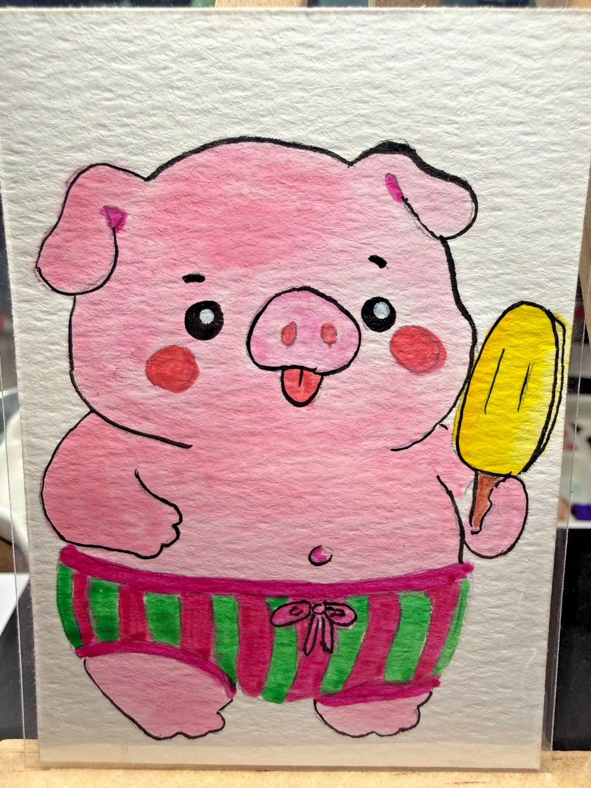 ACEO Original OOAK Signed (Not a Print) «Summer Fun» Pig in Swim Shorts Popsicle