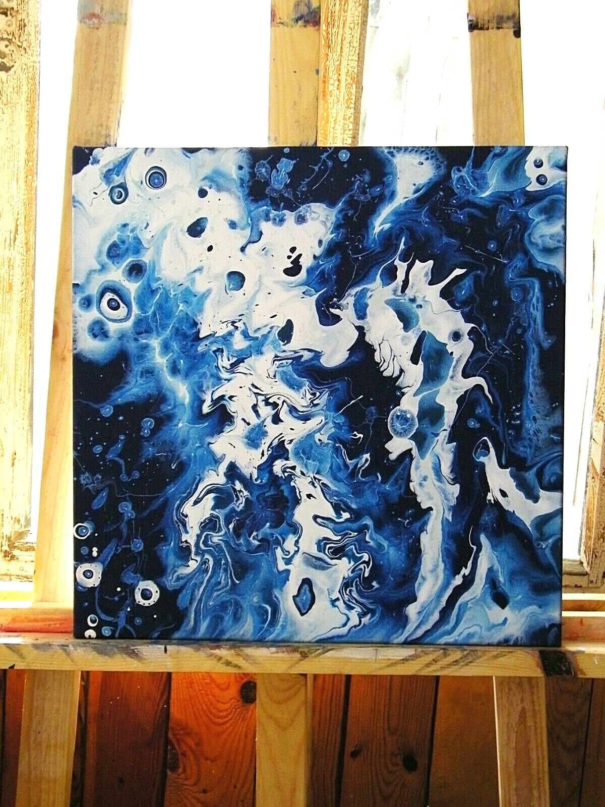 Abstract Painting Fantasy Art Blue White Ocean Waves Canvas Wall Decor, 16×16