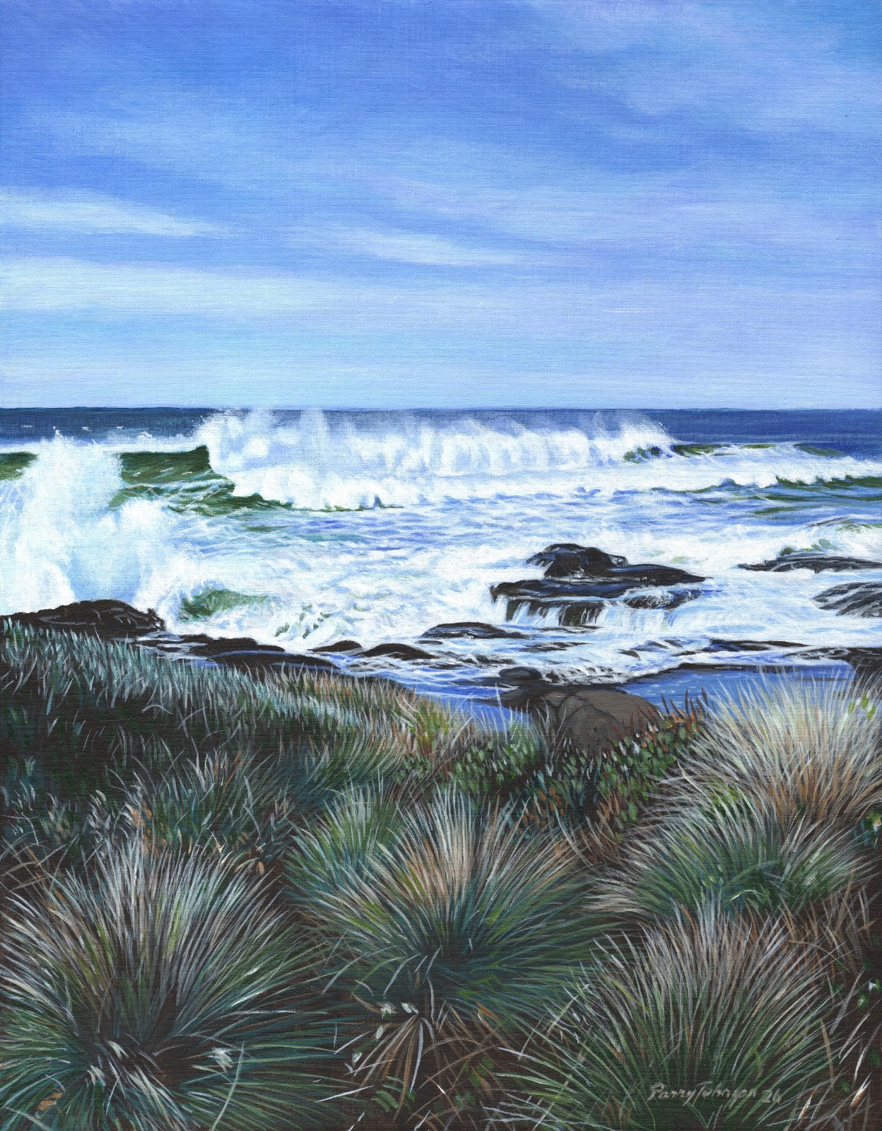 Original Oregon Coast Seascape Painting Seagrass Seashore 14×11 Parry Johnson
