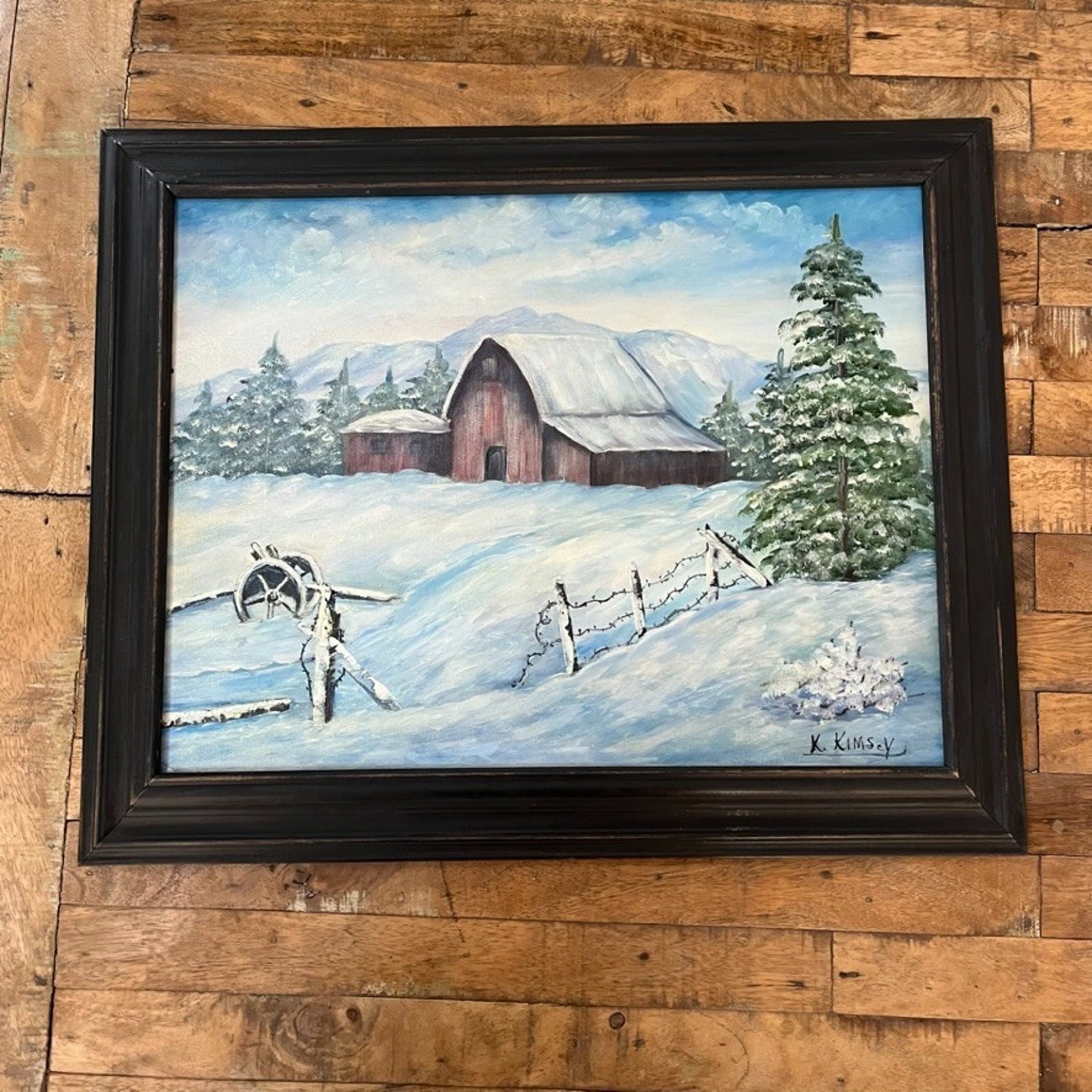 Vintage Framed Art Oil Painting Landscape 17 x 21″ Winter Red Barn By K. Kimsey