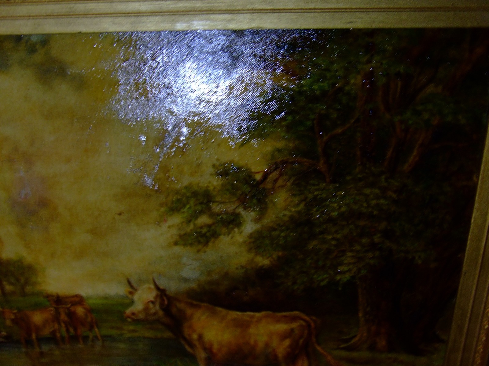 Antique 19th C. Landscape Gathering Watering Cows Oil on Board Gilt Ornate Frame