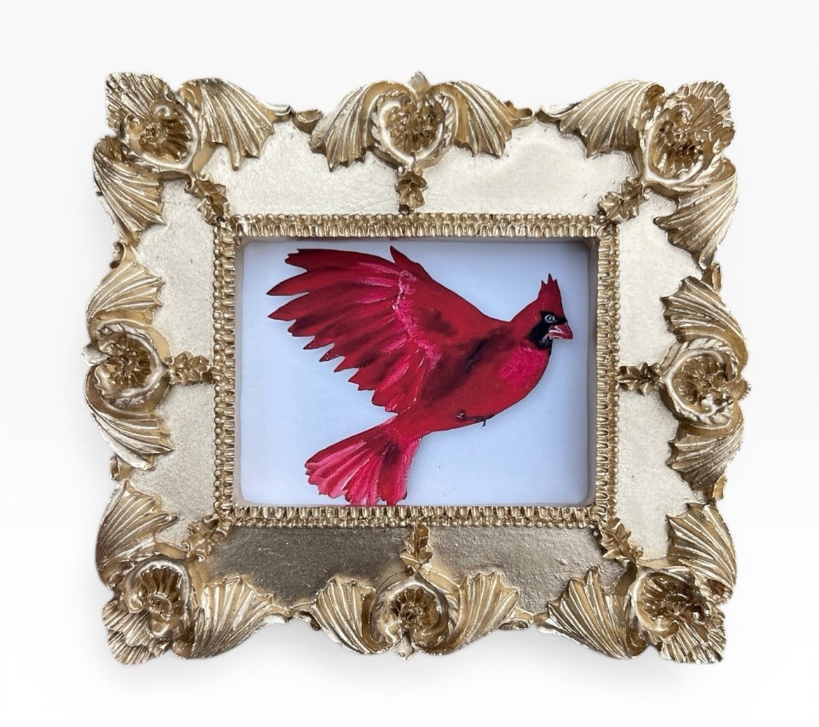 Cardinal bird watercolor print of original painting, mini gold ornate frame