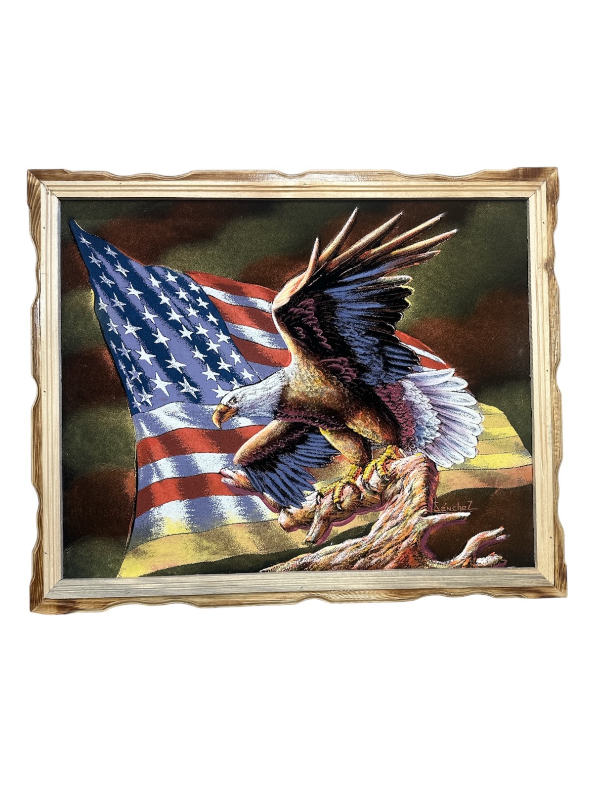 AMERICAN EAGLE , Hand Painted , VELVET PAINTING , 18″ BY 22″ W , FRAME , DECOR