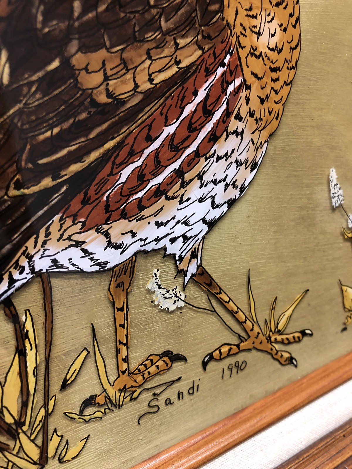 VTG Reverse Glass Art Painting Bowhite Quail Wood Framed Artist Signed 13×16”