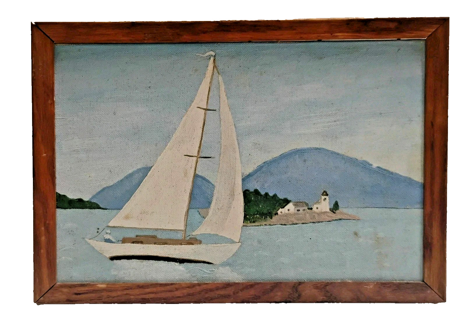 Small Landscape Painting On Board Sailboat On Lake w/ Lighthouse On Island 7X10
