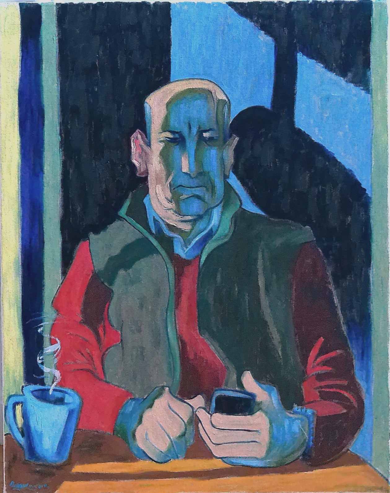Man In Cafe Interior Cubism Modern 22″x28″ Oil Painting Canvas Original Signed