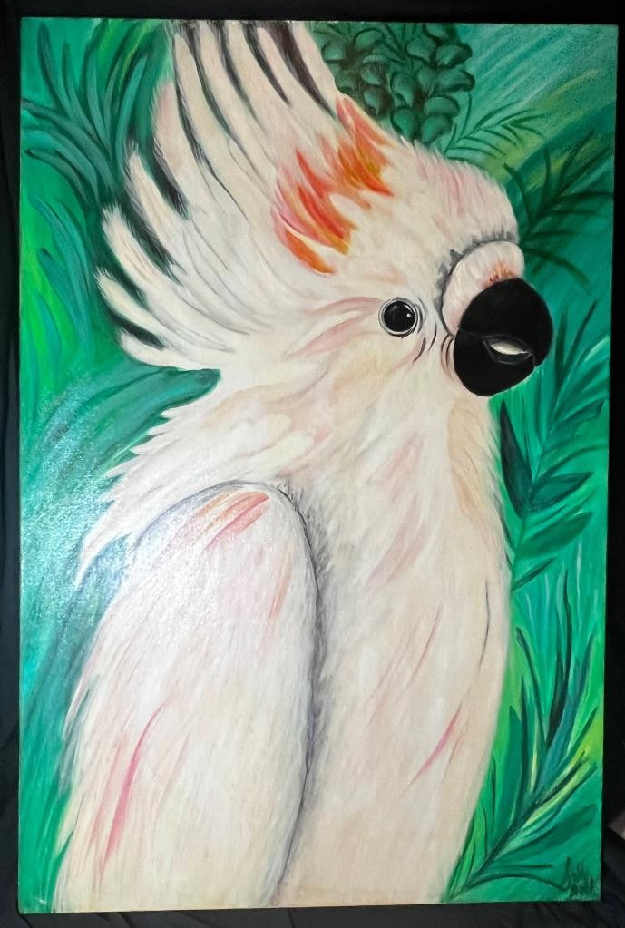 Artist Signed Original Oil Painting Cockatoo Tropical Bird Portrait Sally Brock