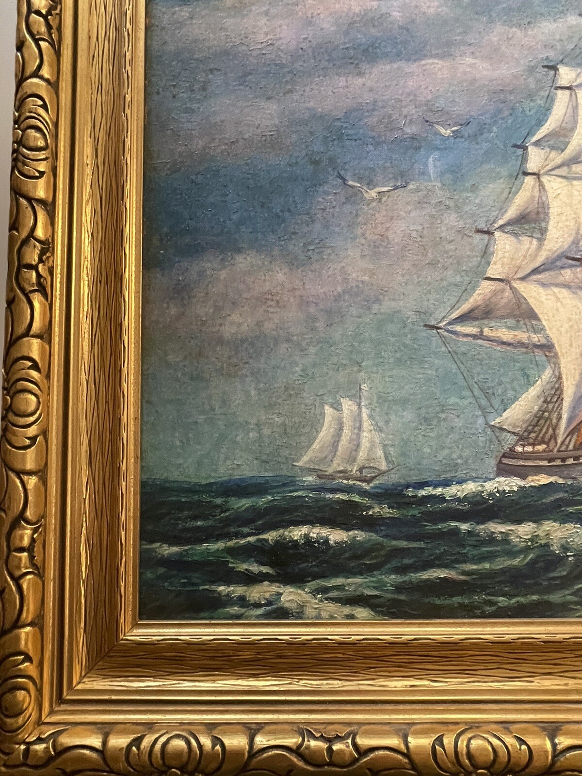 Antique Nautical Painting Seascape American Lighthouse Landscape Coastal Ship