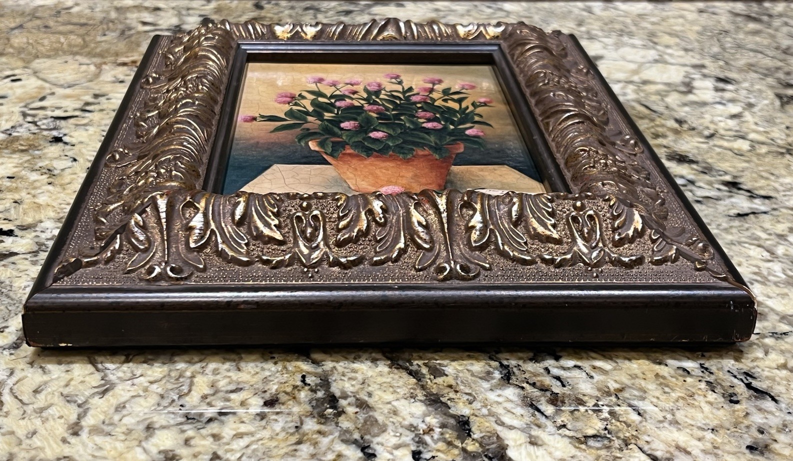 Signed European Pink Globe Amaranth Flowers Terracotta Pot Oleograph Framed Art