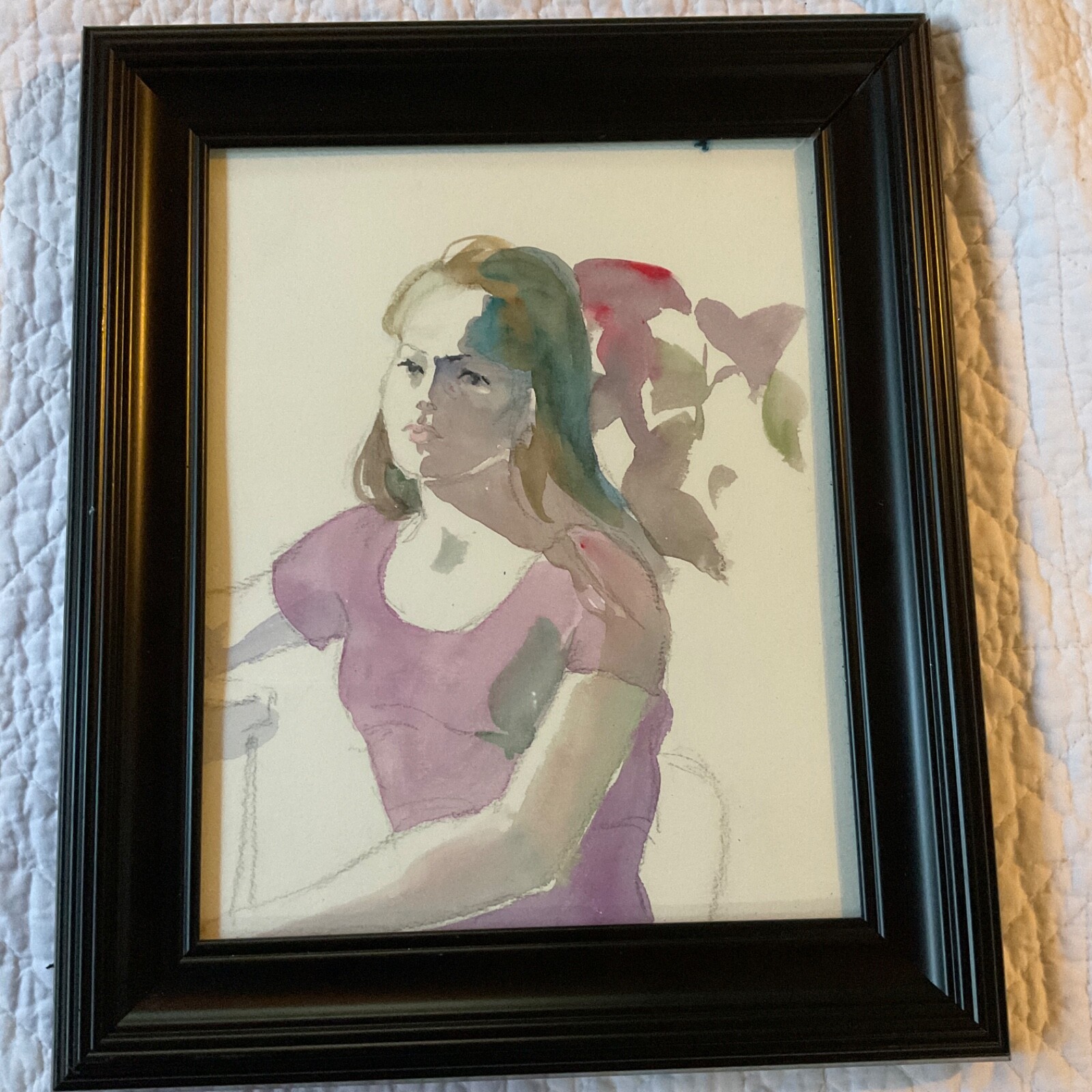 Vintage woman lady portrait original watercolor PAINTING framed hand painted