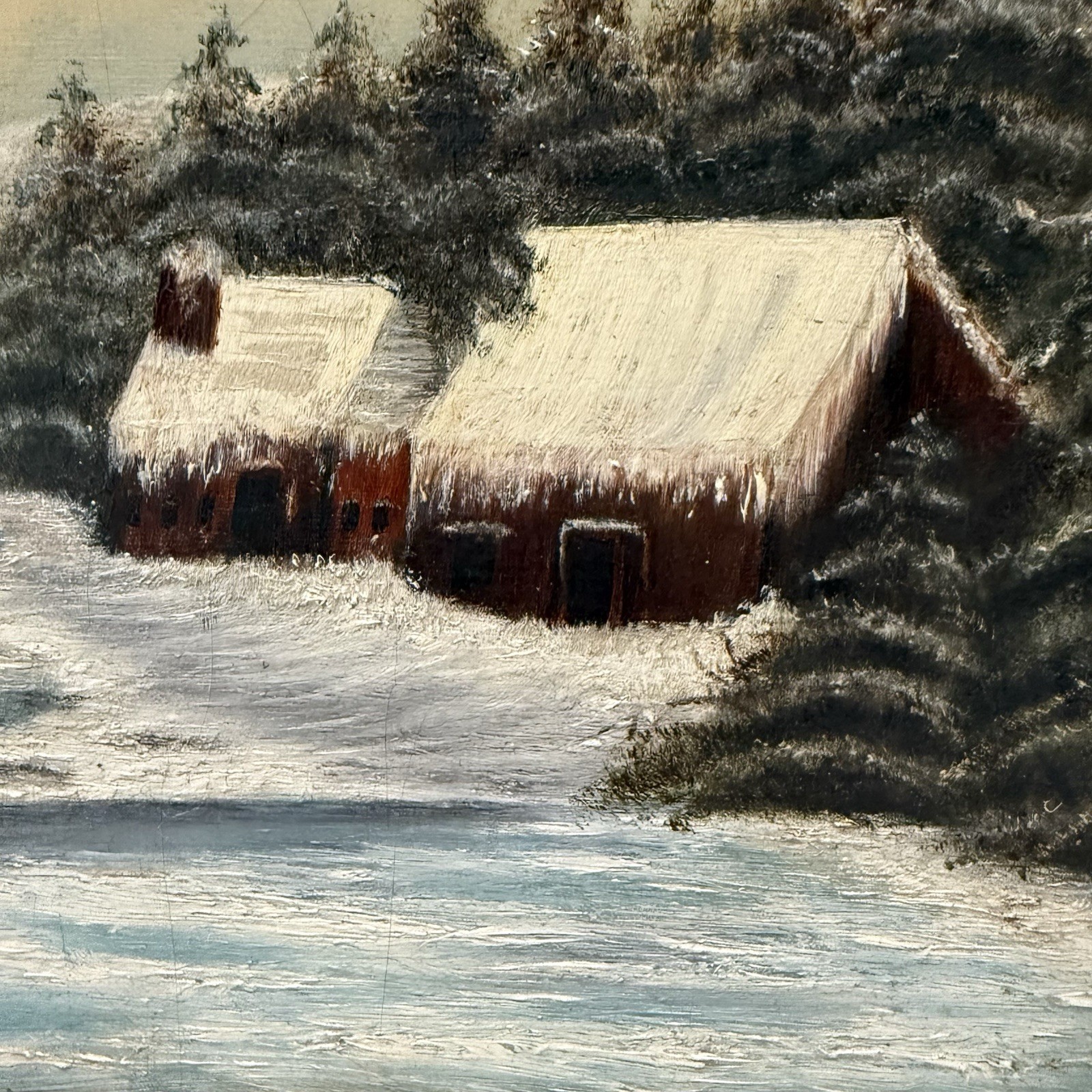 Vintage Original Winter Scene Landscape Red Cabin Painting Framed 8×10 in.