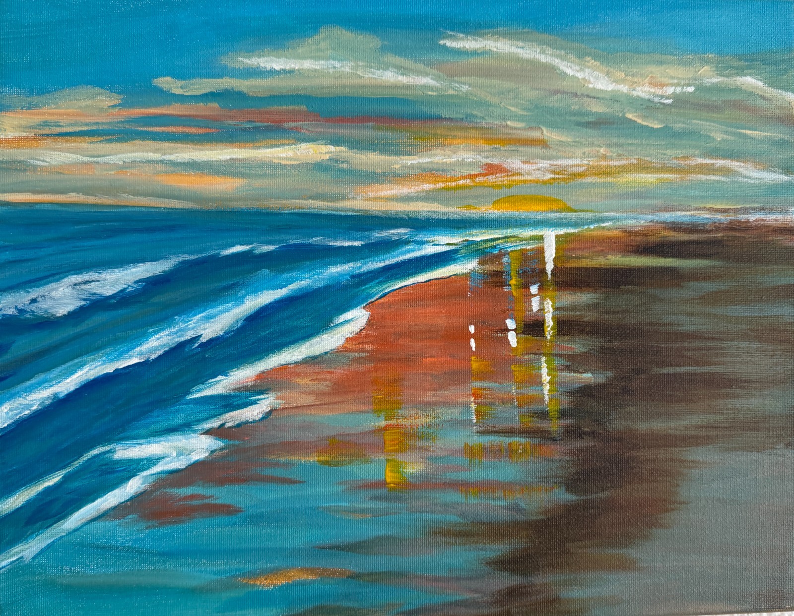 SETTING SUN OVER WAVES 11X14 EXPRESSIONISM ORIGINAL ART MODERN HOME